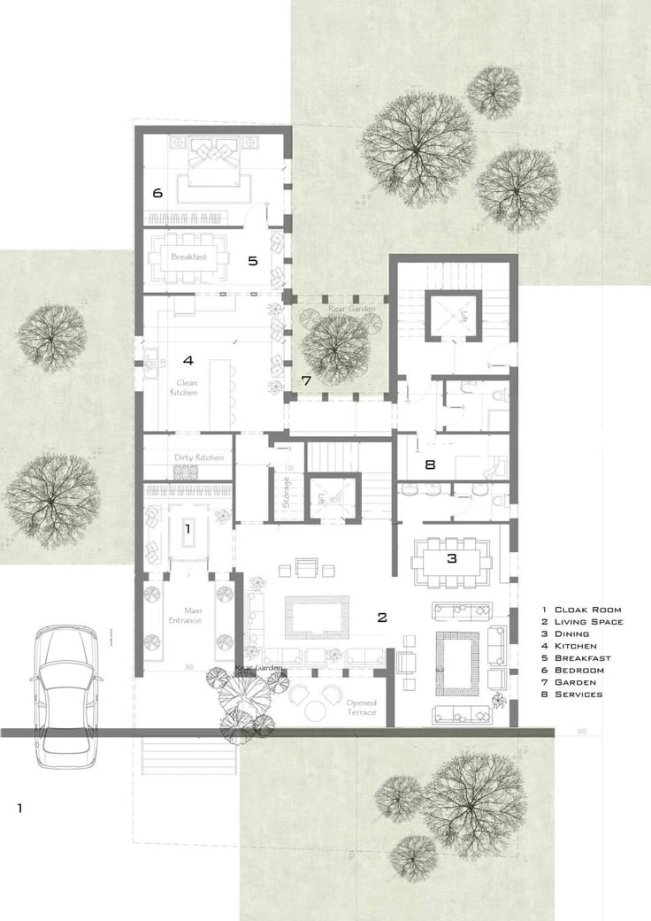 2D Compact floor plan with functional zones